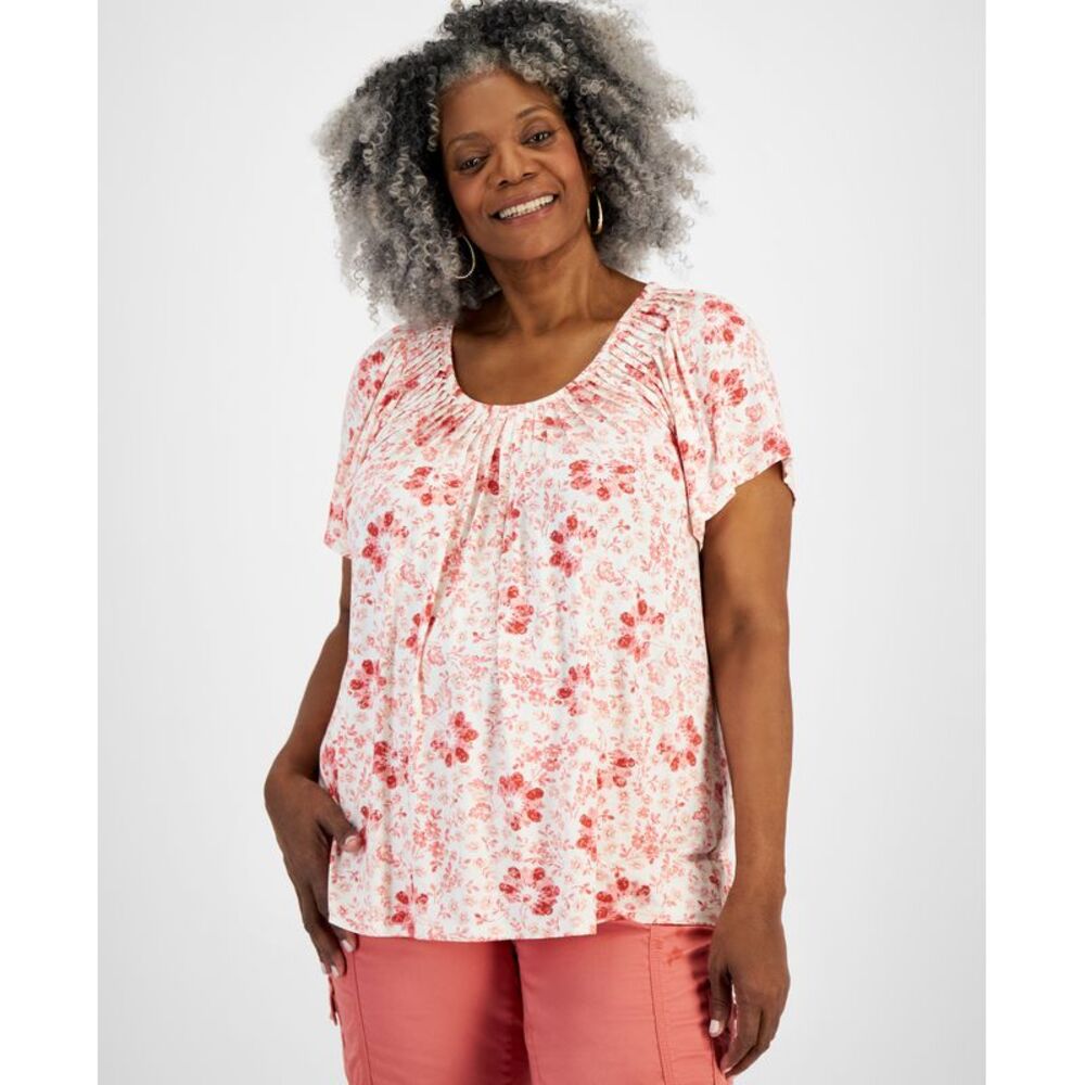Style & Co. Plus Size Printed Pleated-Neck Top